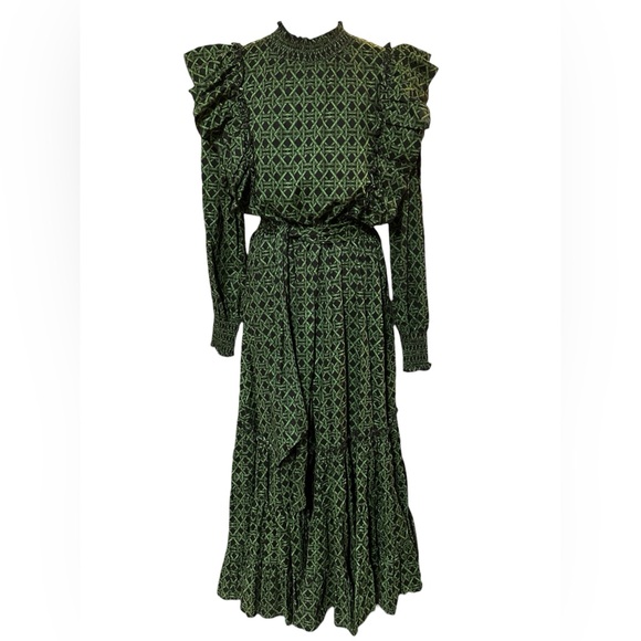 A Loves A Voile Lattice Print Cotton Long Sleeve Ruffle Maxi Dress SZ L Green - Picture 2 of 12